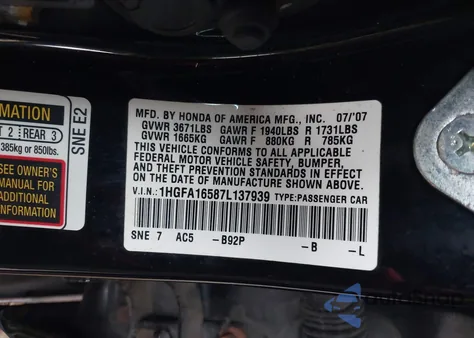 2007 Honda Civic Lx from USA, damaged, VIN 1HGFA16587L137939